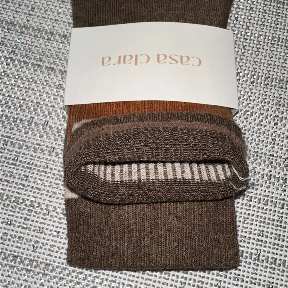 casa clara Lillian Brown Ivory Caramel Ribbed Varsity Stripe Cotton Crew Socks